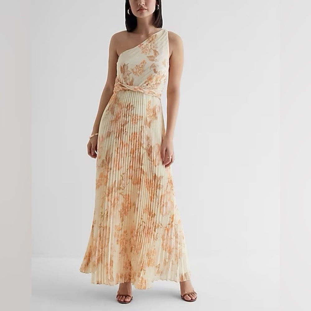 Express Metallic Floral One Shoulder Twist Front Pleated Maxi Dress